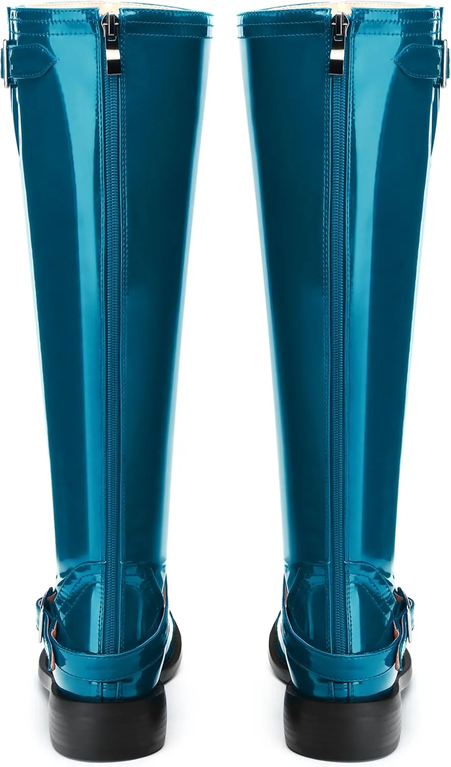 AMBELIGHT Flat Knee High Boots for Women Zipper Round Toe Patent Low Heel Wide Calf Long Boots Casual Fall Winter Tall Boots