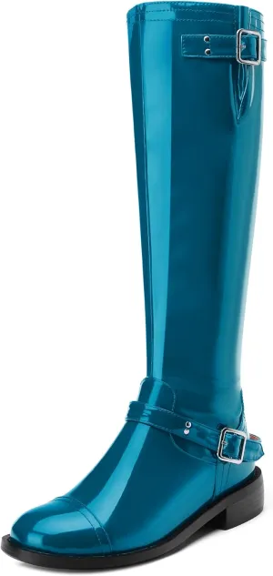 AMBELIGHT Flat Knee High Boots for Women Zipper Round Toe Patent Low Heel Wide Calf Long Boots Casual Fall Winter Tall Boots