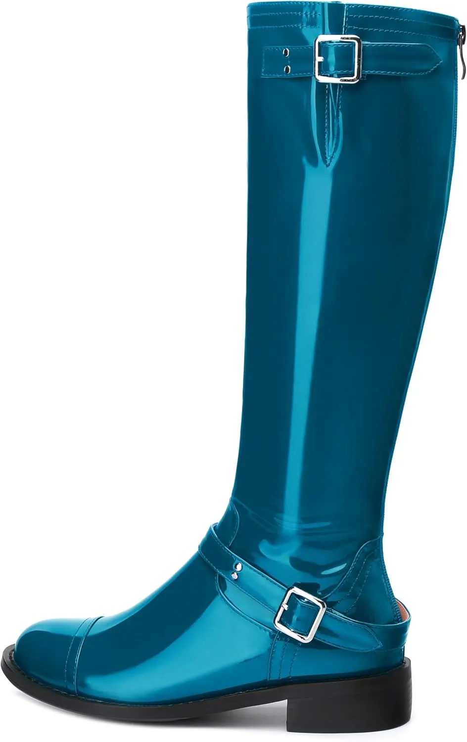 AMBELIGHT Flat Knee High Boots for Women Zipper Round Toe Patent Low Heel Wide Calf Long Boots Casual Fall Winter Tall Boots