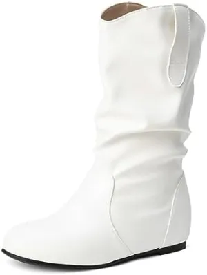 AngryMonkey Women's Wide Width Mid Calf Ankle Boots Flat Heel Slouchy Faux Leather Folds Winter Slip-on Knee High Boots Plus Size Cowgirl boot