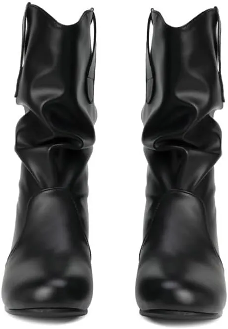 AngryMonkey Women's Wide Width Mid Calf Ankle Boots Flat Heel Slouchy Faux Leather Folds Winter Slip-on Knee High Boots Plus Size Cowgirl boot