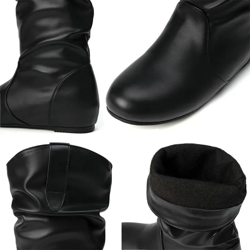 AngryMonkey Women's Wide Width Mid Calf Ankle Boots Flat Heel Slouchy Faux Leather Folds Winter Slip-on Knee High Boots Plus Size Cowgirl boot