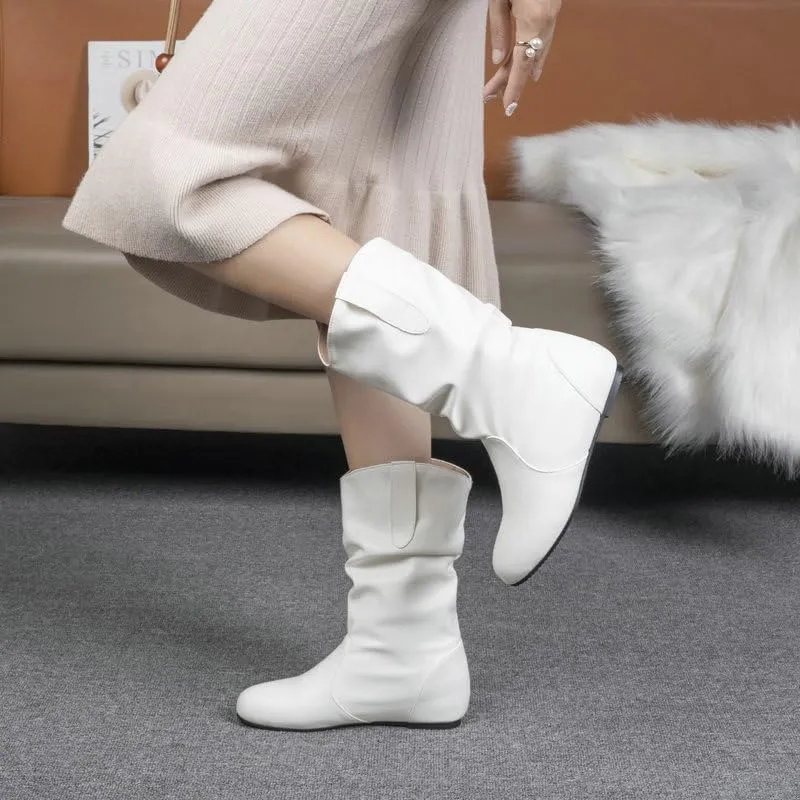 AngryMonkey Women's Wide Width Mid Calf Ankle Boots Flat Heel Slouchy Faux Leather Folds Winter Slip-on Knee High Boots Plus Size Cowgirl boot