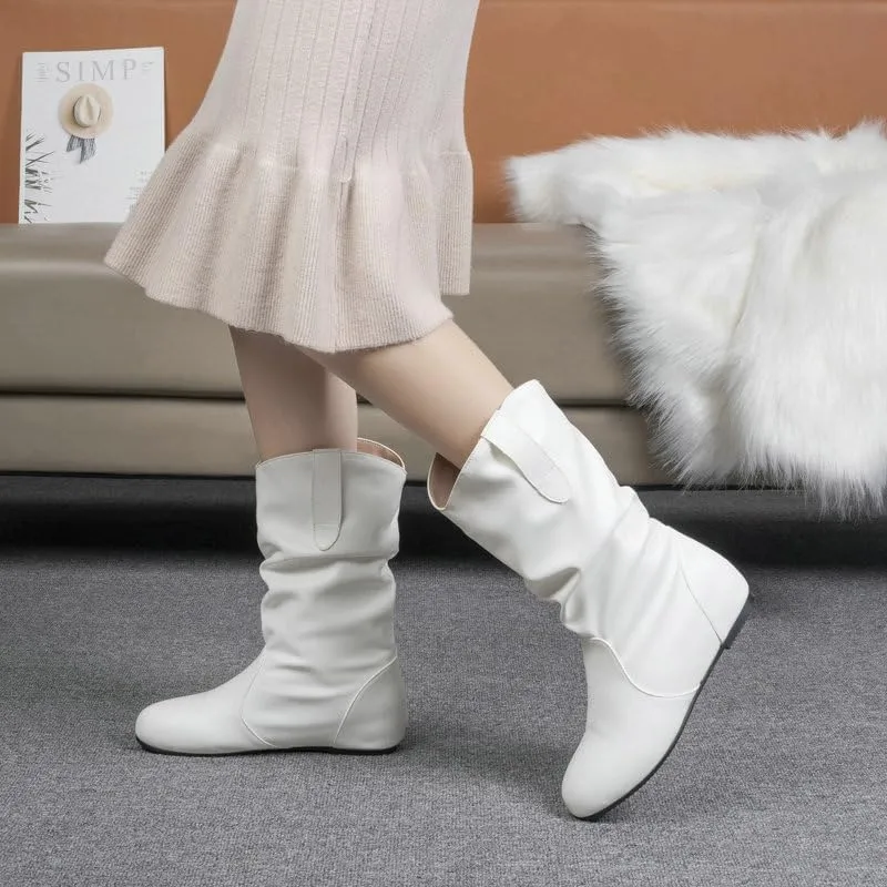 AngryMonkey Women's Wide Width Mid Calf Ankle Boots Flat Heel Slouchy Faux Leather Folds Winter Slip-on Knee High Boots Plus Size Cowgirl boot