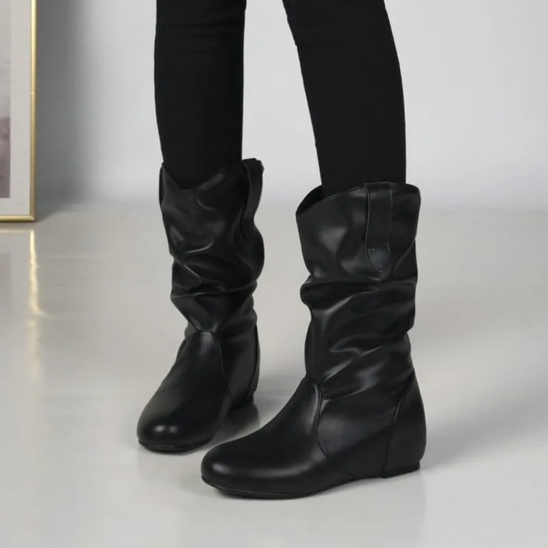 AngryMonkey Women's Wide Width Mid Calf Ankle Boots Flat Heel Slouchy Faux Leather Folds Winter Slip-on Knee High Boots Plus Size Cowgirl boot