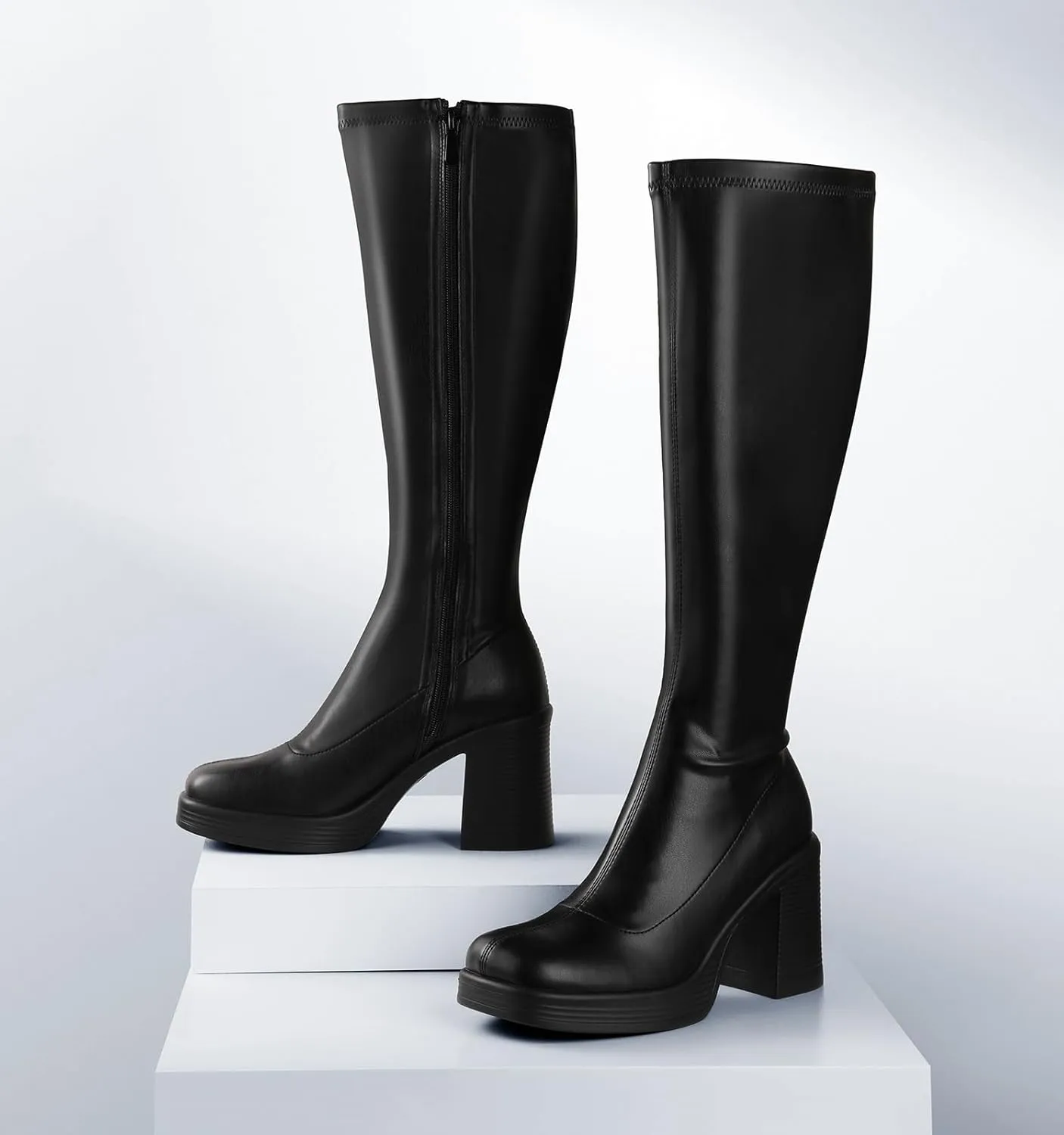 Ankis Knee High Boots Platform Boots for Women Chunky Heel Side Zipper Long GOGO Boots