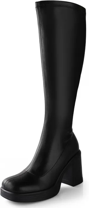 Ankis Knee High Boots Platform Boots for Women Chunky Heel Side Zipper Long GOGO Boots