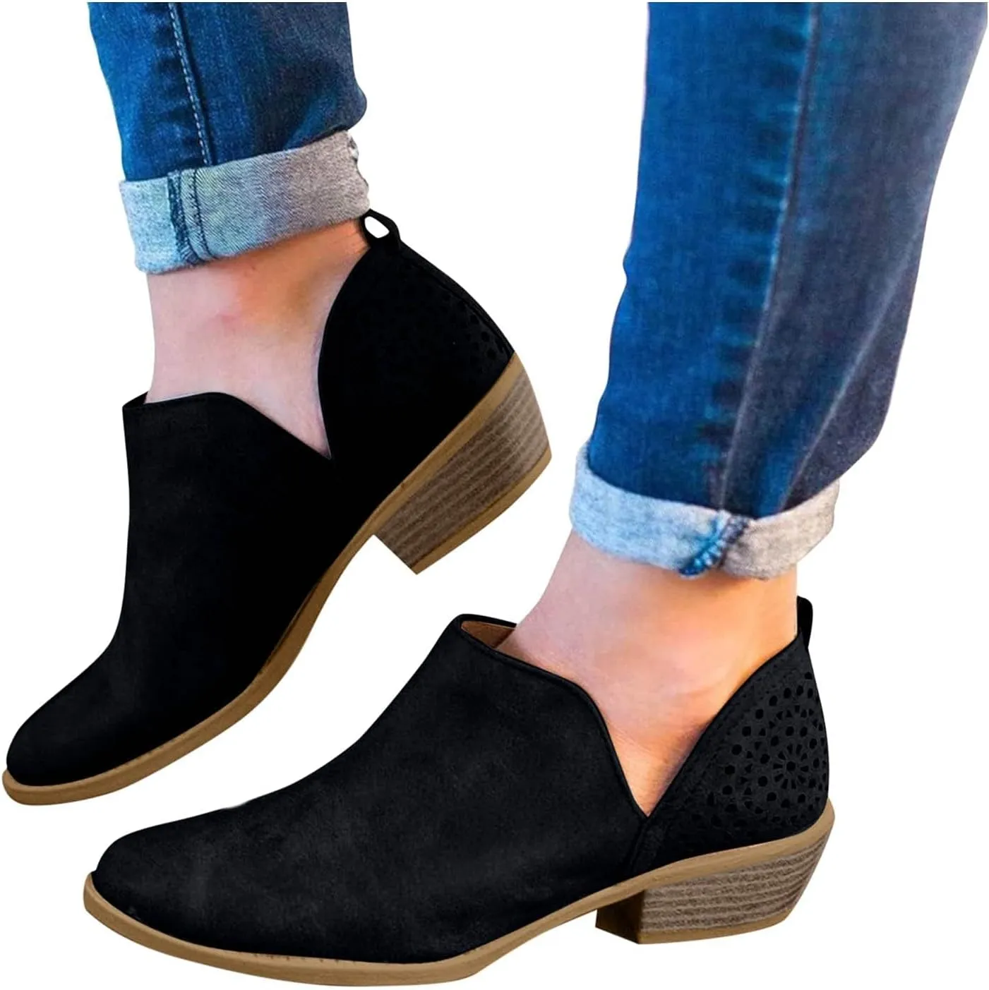 Ankle Booties for Women Low Heel V Cut Back Womens Ankle Boots Pointed Toe Faux Stacked Chunky Heels Tassels Side Zipper Booties