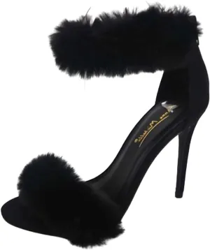 Anne Michelle Women's Fur Ankle Strap High Heel Sandals Open Toe Stiletto Heels with Feather Wedding Party Dress Pump Shoes