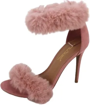 Anne Michelle Women's Fur Ankle Strap High Heel Sandals Open Toe Stiletto Heels with Feather Wedding Party Dress Pump Shoes