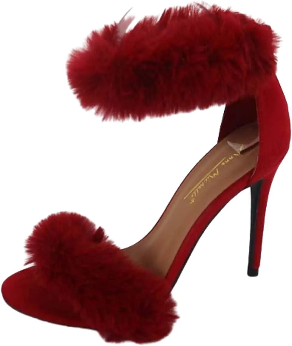 Anne Michelle Women's Fur Ankle Strap High Heel Sandals Open Toe Stiletto Heels with Feather Wedding Party Dress Pump Shoes