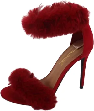 Anne Michelle Women's Fur Ankle Strap High Heel Sandals Open Toe Stiletto Heels with Feather Wedding Party Dress Pump Shoes