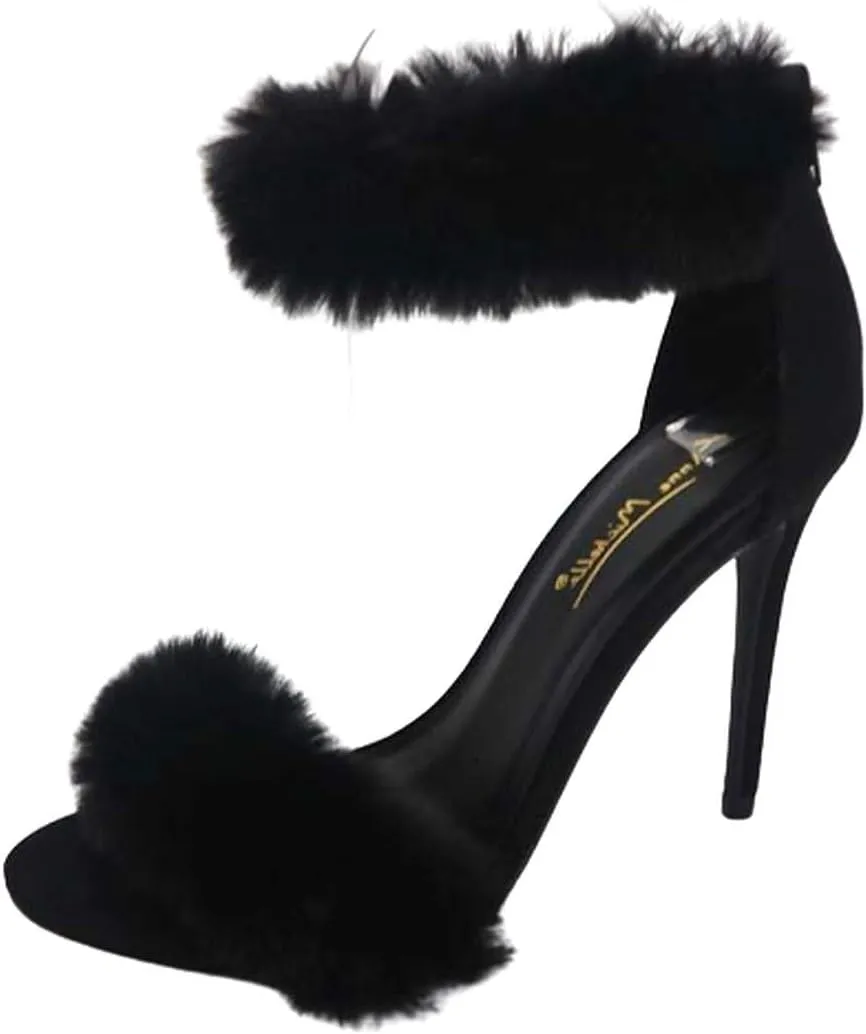 Anne Michelle Women's Fur Ankle Strap High Heel Sandals Open Toe Stiletto Heels with Feather Wedding Party Dress Pump Shoes