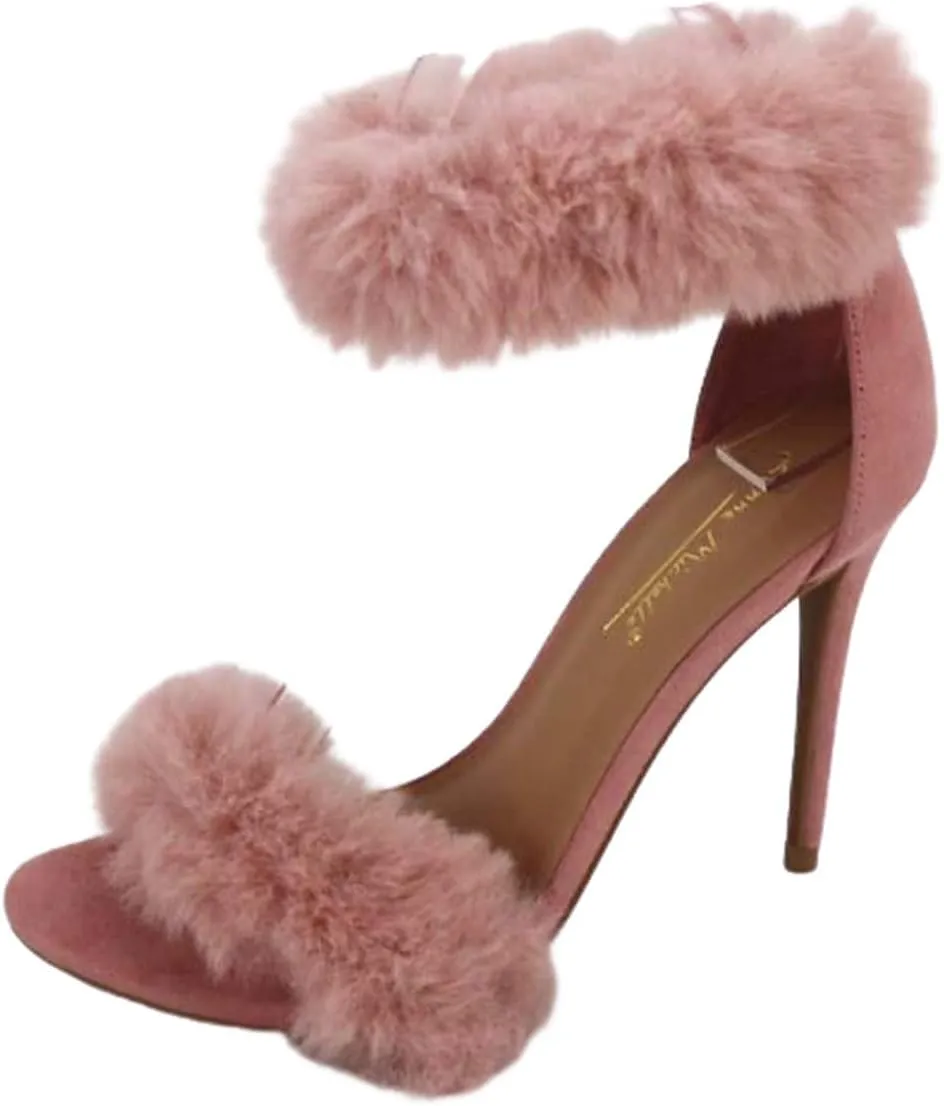 Anne Michelle Women's Fur Ankle Strap High Heel Sandals Open Toe Stiletto Heels with Feather Wedding Party Dress Pump Shoes