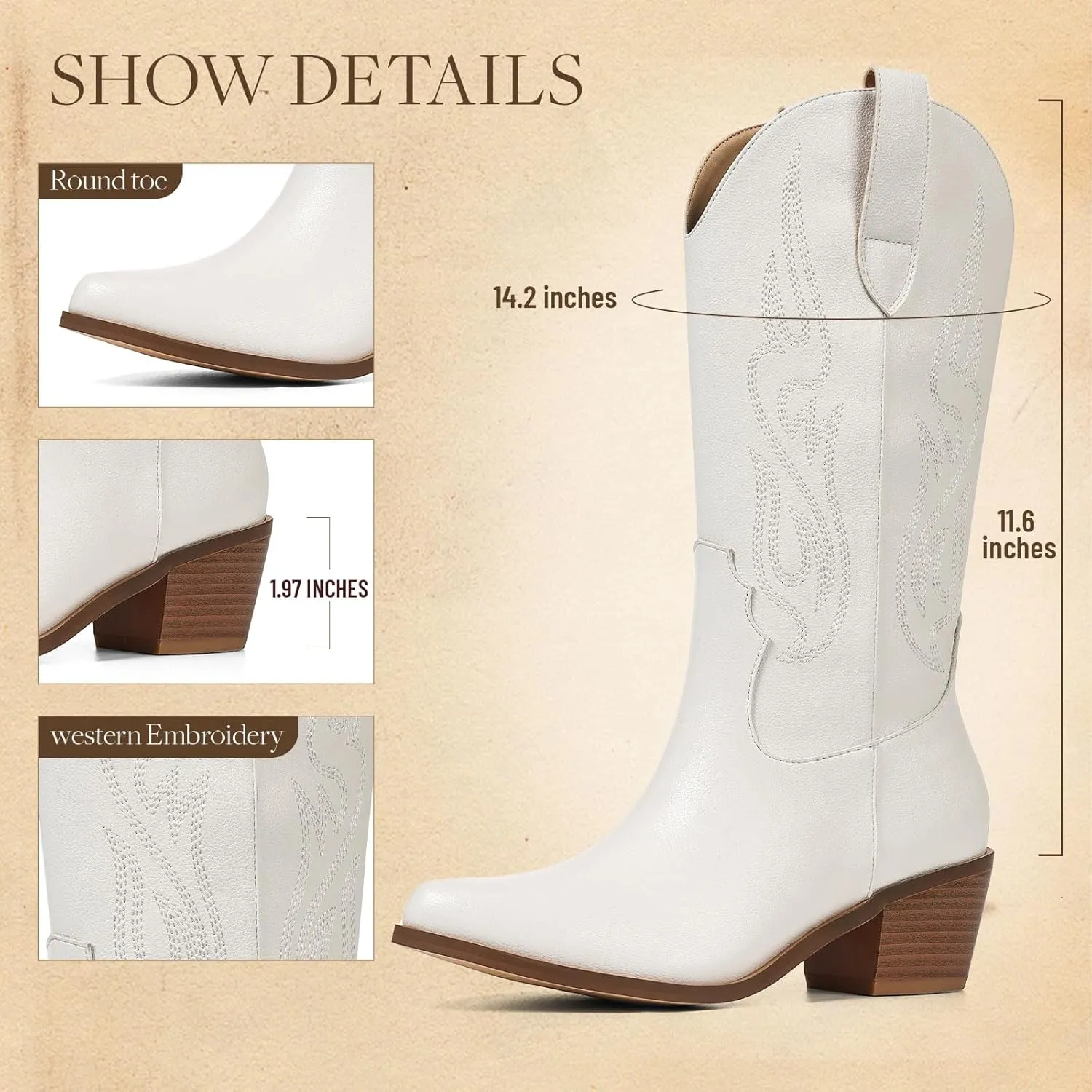 AOSPHIRAYLIAN Cowboy Boots for Women Retro Pointed Toe Pull On Block Chunky Heel Glitter Sparkly Metallic Embroidecamel Country Concert Outfits Calf Western Cowgirl Boots