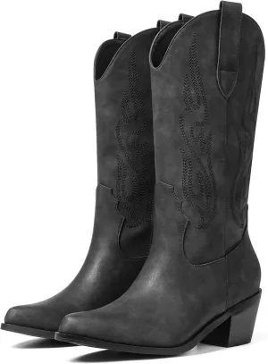 AOSPHIRAYLIAN Cowboy Boots for Women Retro Pointed Toe Pull On Block Chunky Heel Glitter Sparkly Metallic Embroidecamel Country Concert Outfits Calf Western Cowgirl Boots