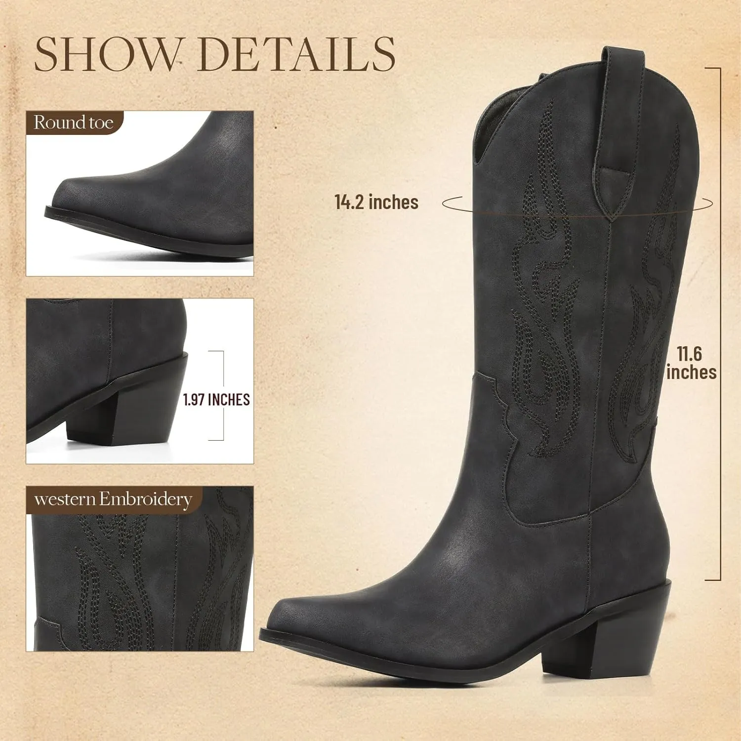 AOSPHIRAYLIAN Cowboy Boots for Women Retro Pointed Toe Pull On Block Chunky Heel Glitter Sparkly Metallic Embroidecamel Country Concert Outfits Calf Western Cowgirl Boots