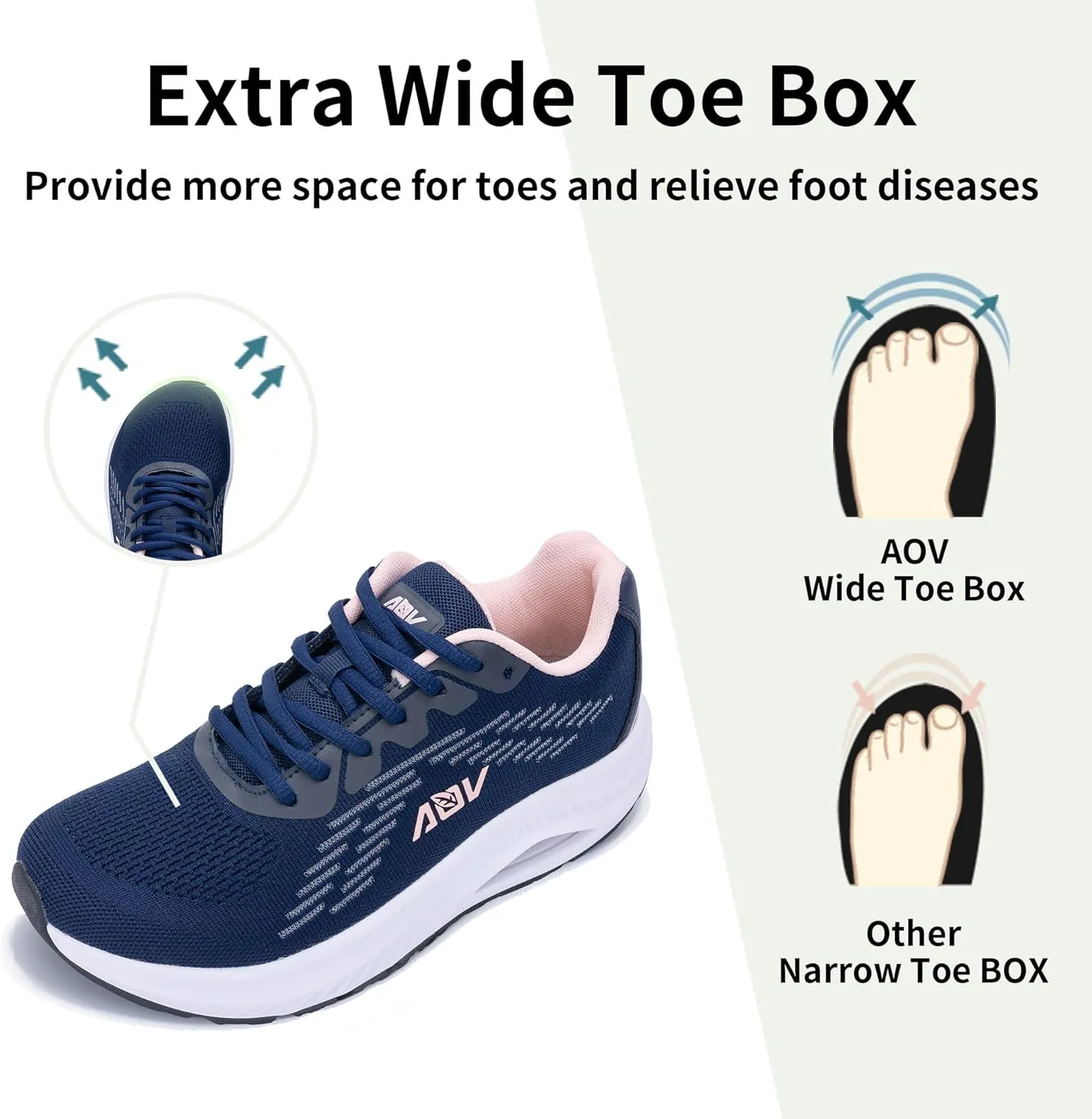 AOV Wide Toe Box Shoes Women Arch Support Walking Shoes for Plantar Fasciitis Orthotic Air Tennis Sneakers