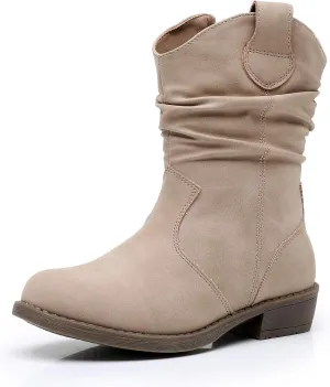 Apakowa Girls Cowgirl Boots Girls Western Slouch Mid-Calf Boots with Side Zipper Soft Faux Suede Fashion Dress Boots for Little & Big Kids