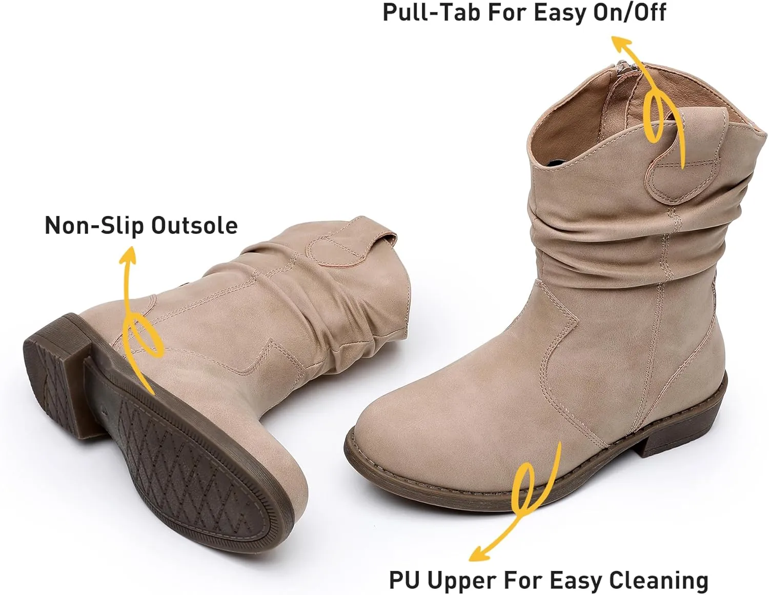 Apakowa Girls Cowgirl Boots Girls Western Slouch Mid-Calf Boots with Side Zipper Soft Faux Suede Fashion Dress Boots for Little & Big Kids