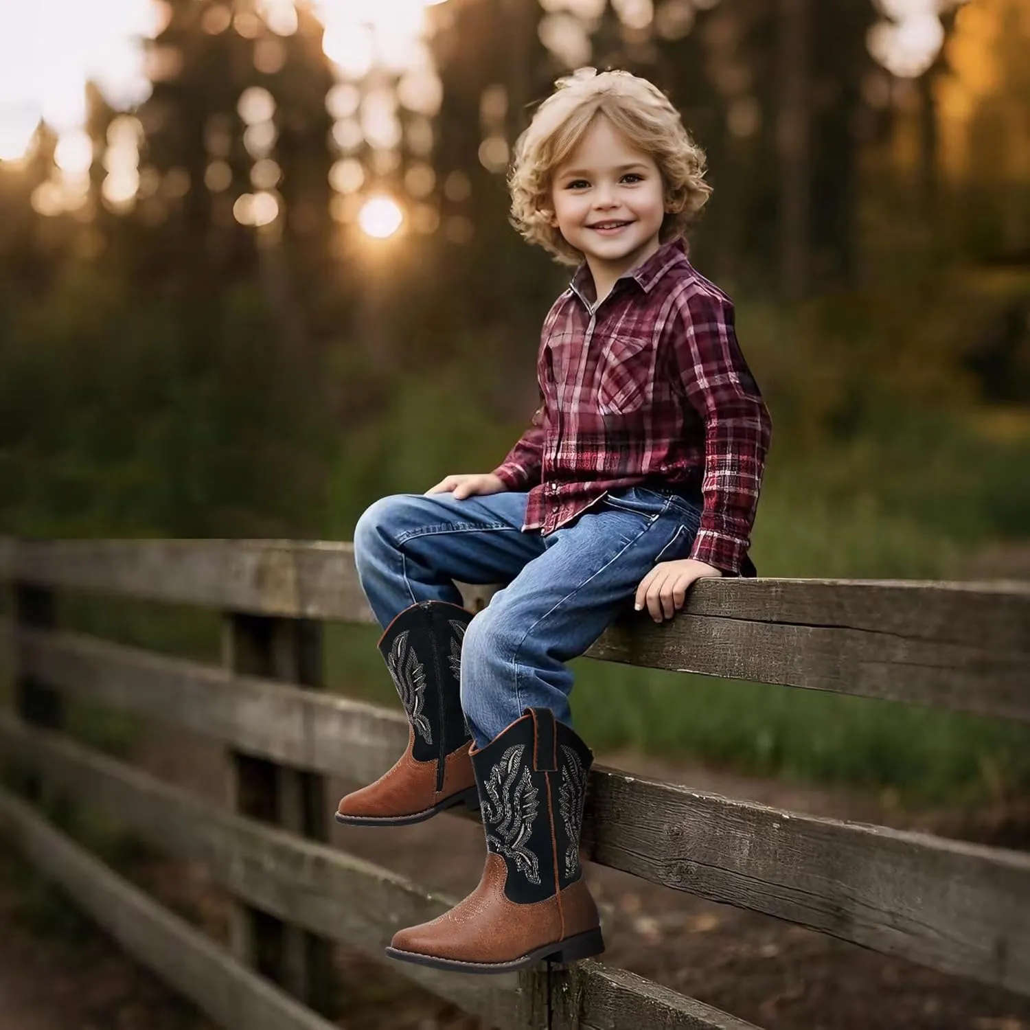 Apakowa Kids Cowboy Boots - Cowboy and Cowgirl Boots for Boys and Girls, Mid-Calf Square Toe Western Rodeo Boots with Embroidery and Side Zipper (Toddler/Little Kid/Big Kid)
