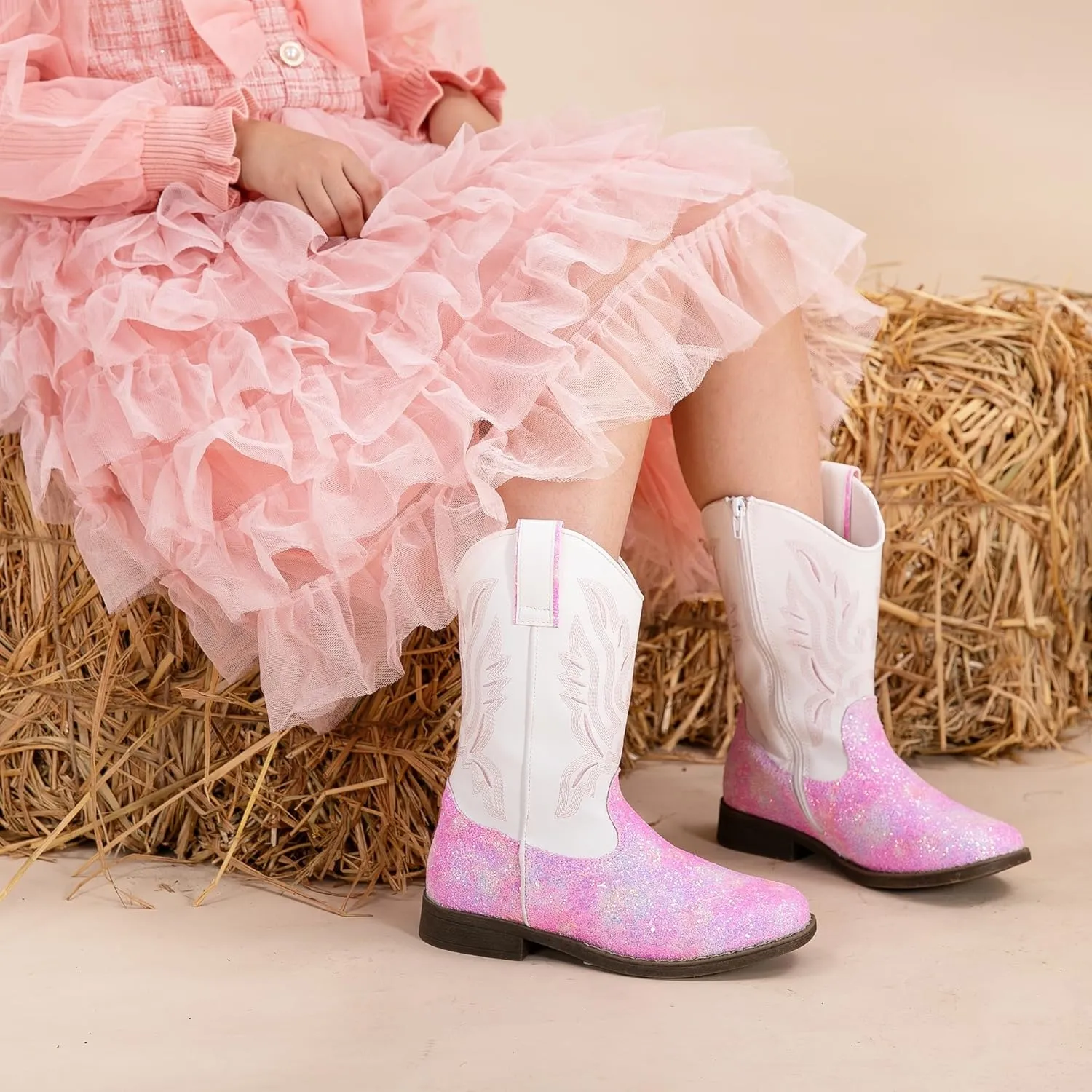 Apakowa Kids Cowboy Boots - Cowboy and Cowgirl Boots for Boys and Girls, Mid-Calf Square Toe Western Rodeo Boots with Embroidery and Side Zipper (Toddler/Little Kid/Big Kid)