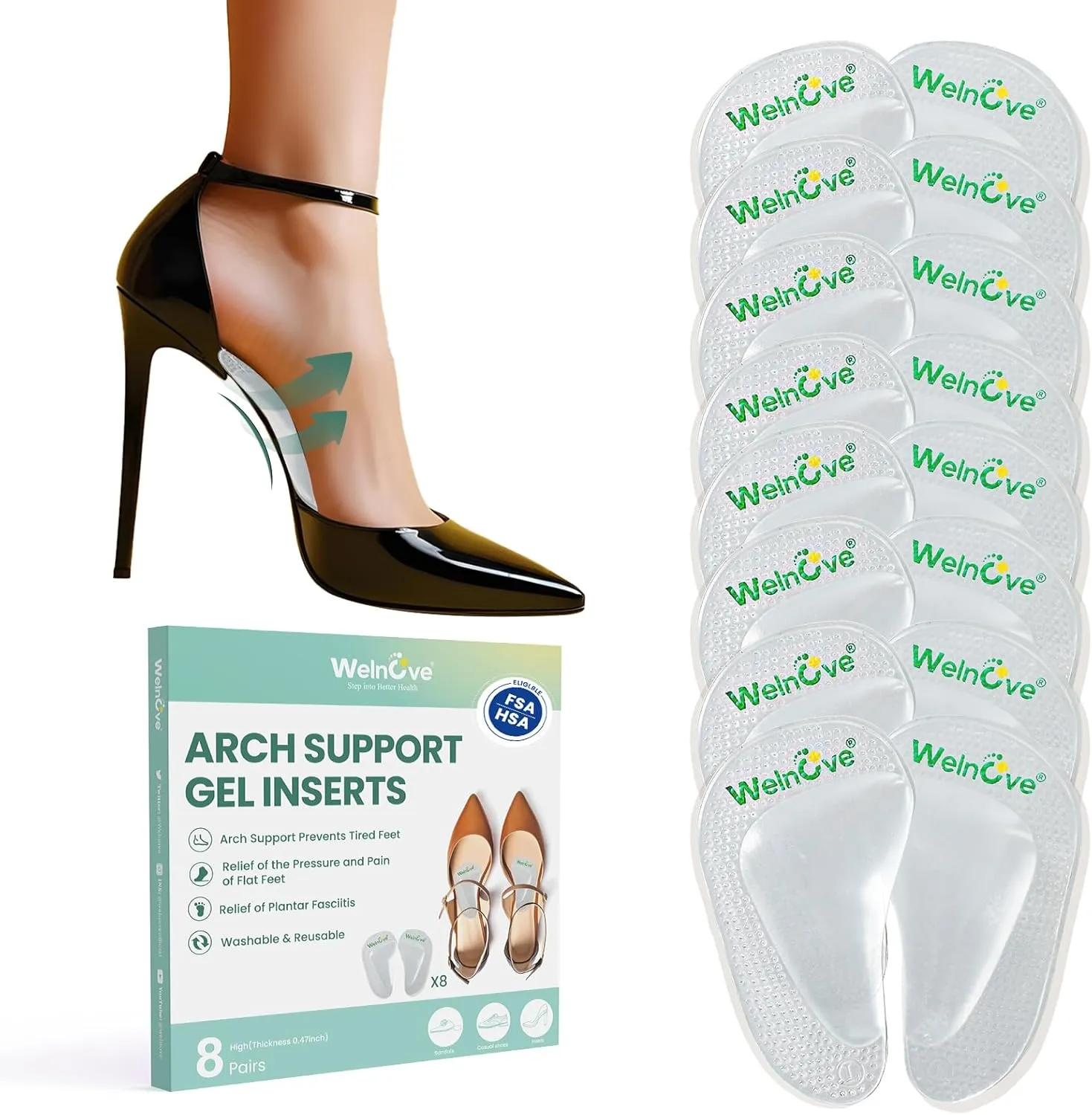 Arch Support Inserts Flat Feet - Welnove 8-Pair Gel Arch Support Insoles for Plantar Fasciitis, Foot Pain Fatigue Relief - Soft Heel Pads Adhesive Fit Most Shoes, Men Women, 0.47" Height