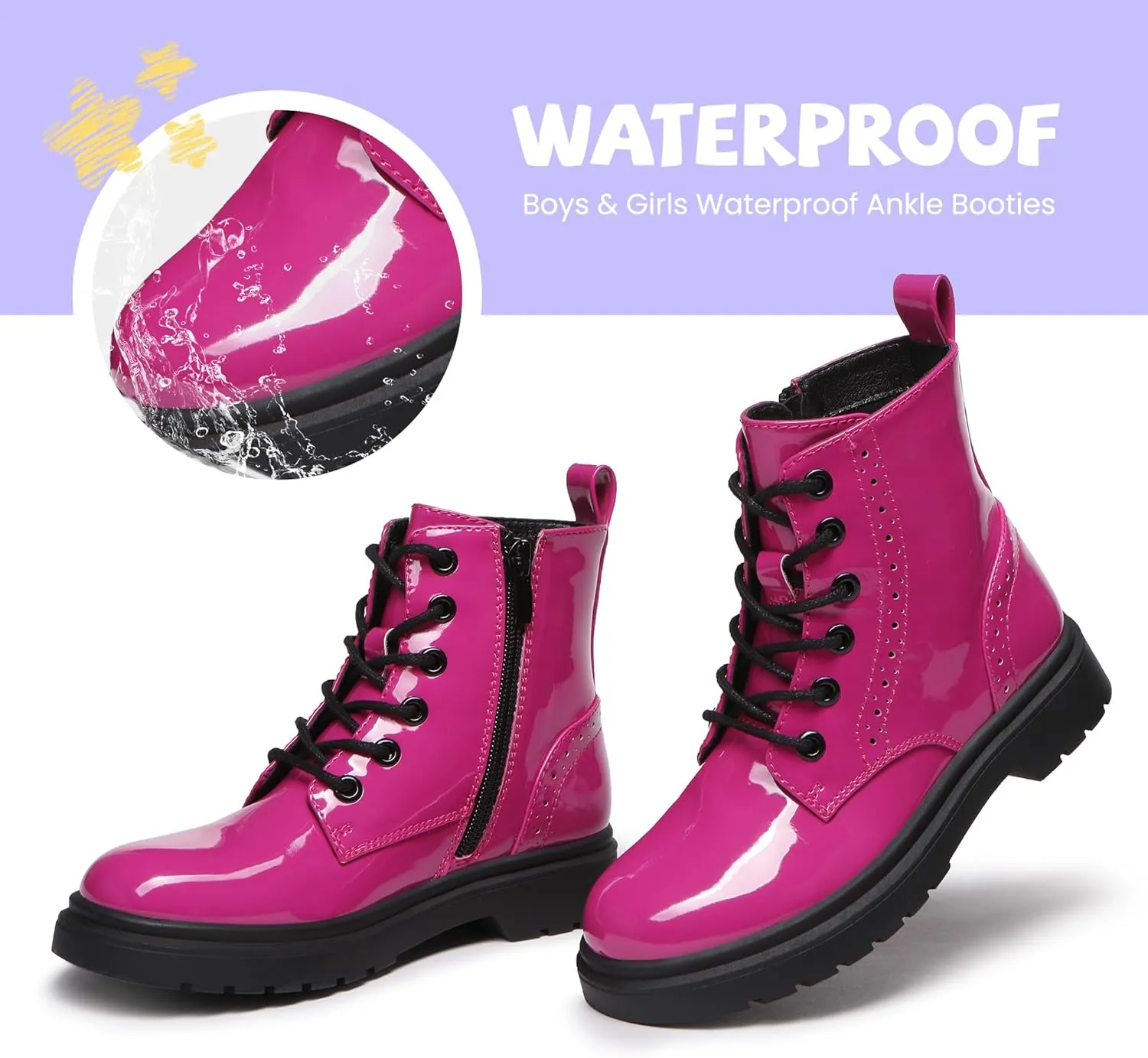 Athlefit Boys Girls Waterproof Combat Boots Lace Up Side Zipper Ankle Booties for Toddler/Little Kid/Big Kid