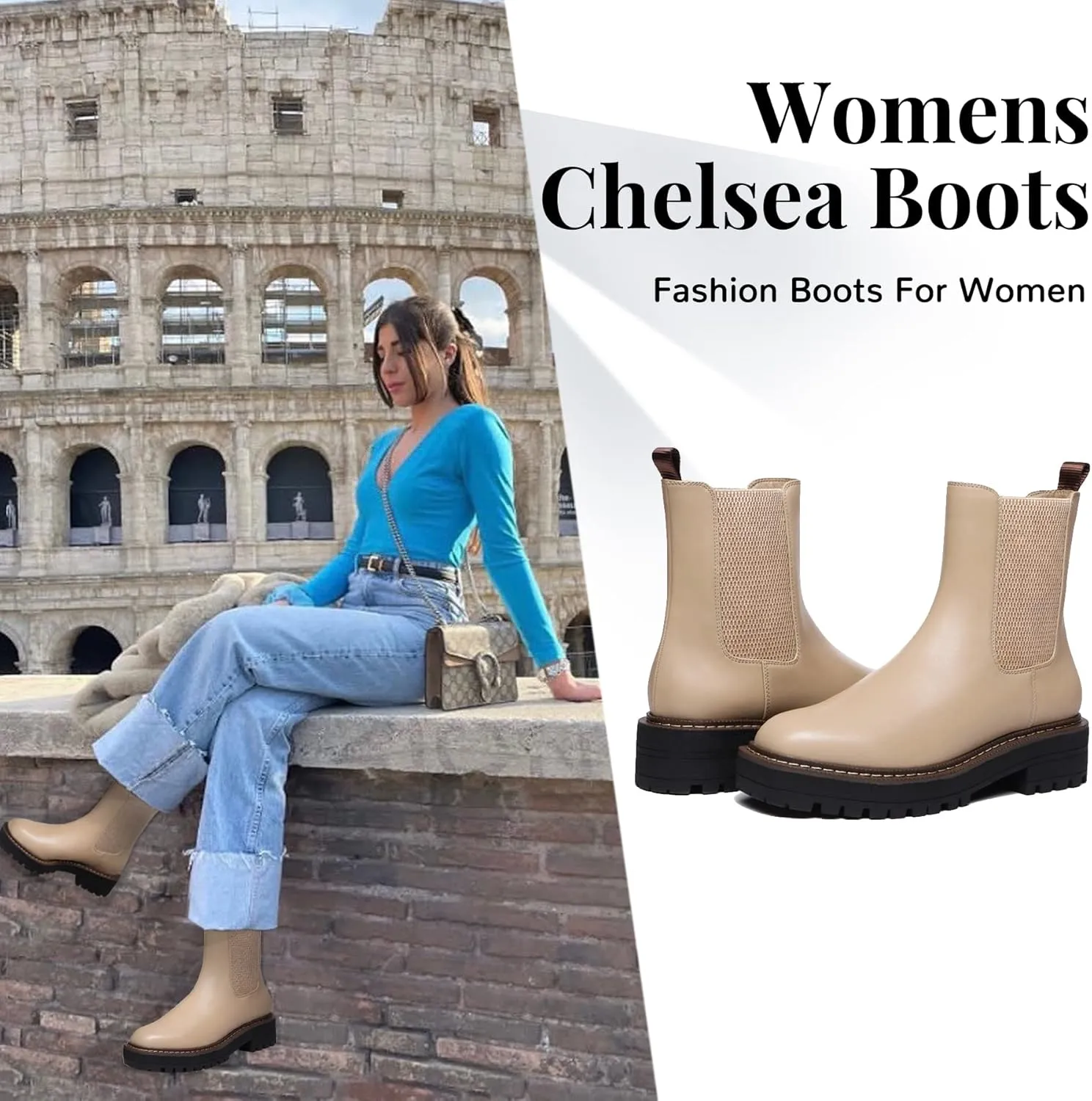 Athlefit Women's Chelsea Ankle Boots Platform Slip On Chunky Heel Lug Sole Leather Booties