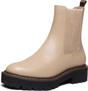 Athlefit Women's Chelsea Ankle Boots Platform Slip On Chunky Heel Lug Sole Leather Booties