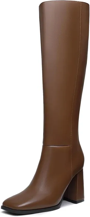 Athlefit Women's Knee High Boots Fashion Chunky Heel Square Toe Tall Boots Side Zipper Long Boots