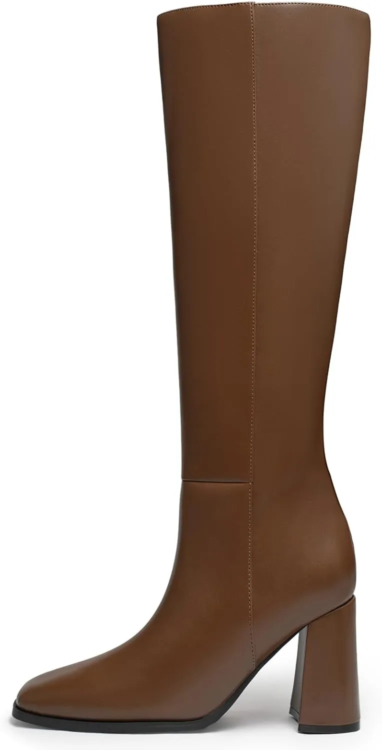 Athlefit Women's Knee High Boots Fashion Chunky Heel Square Toe Tall Boots Side Zipper Long Boots