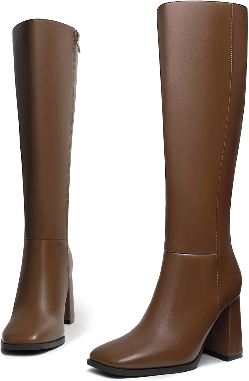 Athlefit Women's Knee High Boots Fashion Chunky Heel Square Toe Tall Boots Side Zipper Long Boots