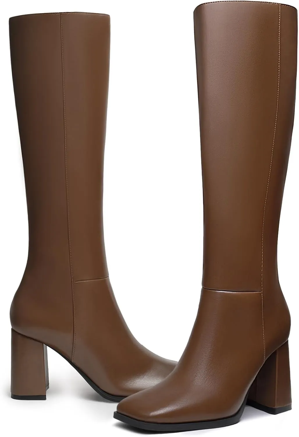 Athlefit Women's Knee High Boots Fashion Chunky Heel Square Toe Tall Boots Side Zipper Long Boots