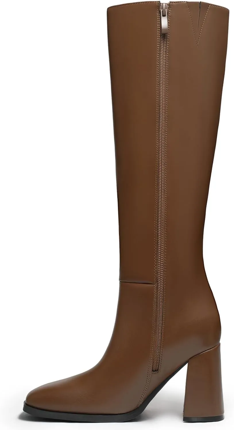 Athlefit Women's Knee High Boots Fashion Chunky Heel Square Toe Tall Boots Side Zipper Long Boots