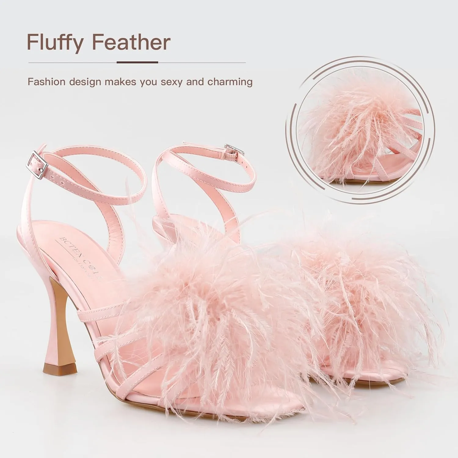 BCTEX COLL Women's Heeled Sandals Fluffy Feather Square Open Toe Ankle Strap Sexy Stiletto High Heels for Wedding Party Dance Evening