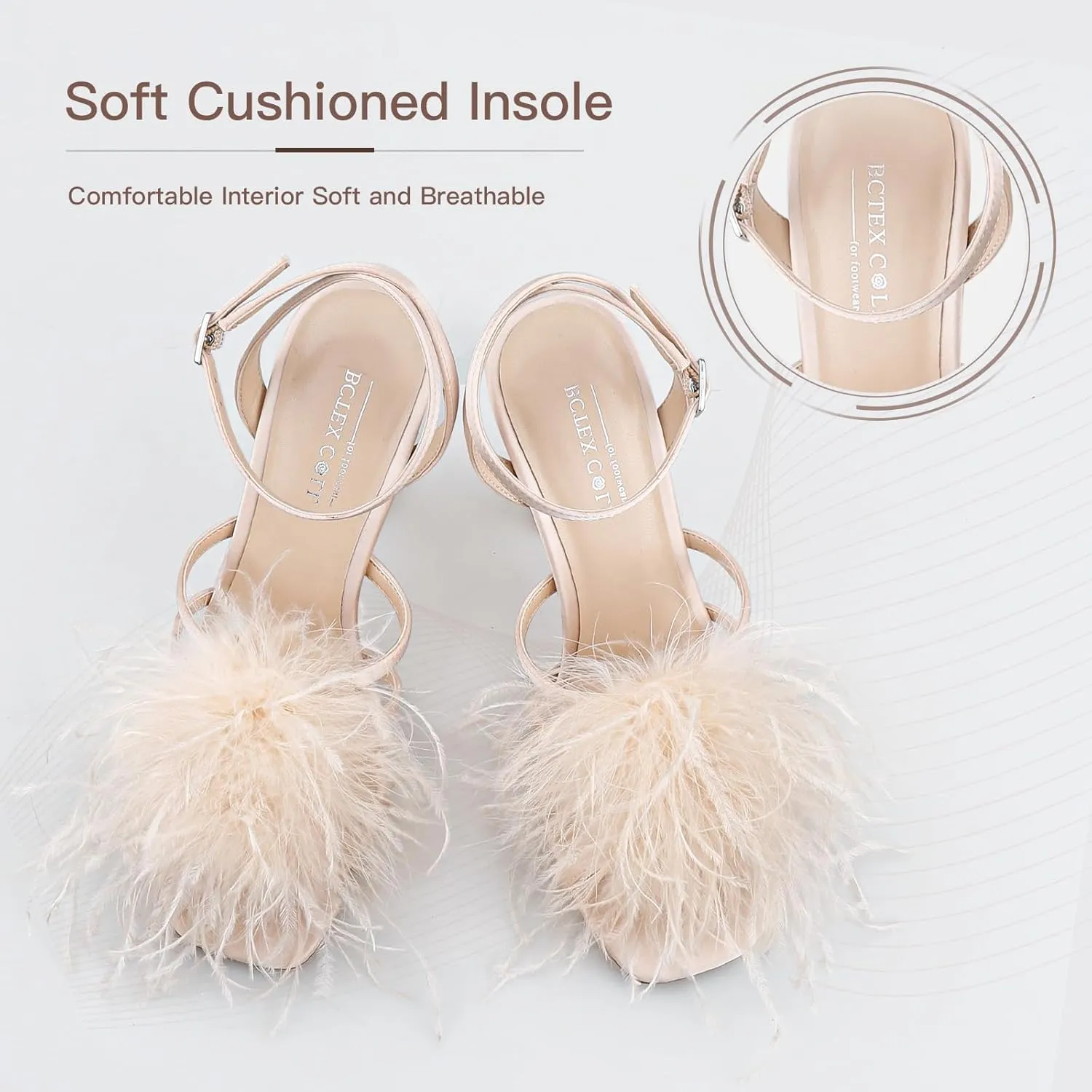 BCTEX COLL Women's Heeled Sandals Fluffy Feather Square Open Toe Ankle Strap Sexy Stiletto High Heels for Wedding Party Dance Evening