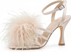 BCTEX COLL Women's Heeled Sandals Fluffy Feather Square Open Toe Ankle Strap Sexy Stiletto High Heels for Wedding Party Dance Evening