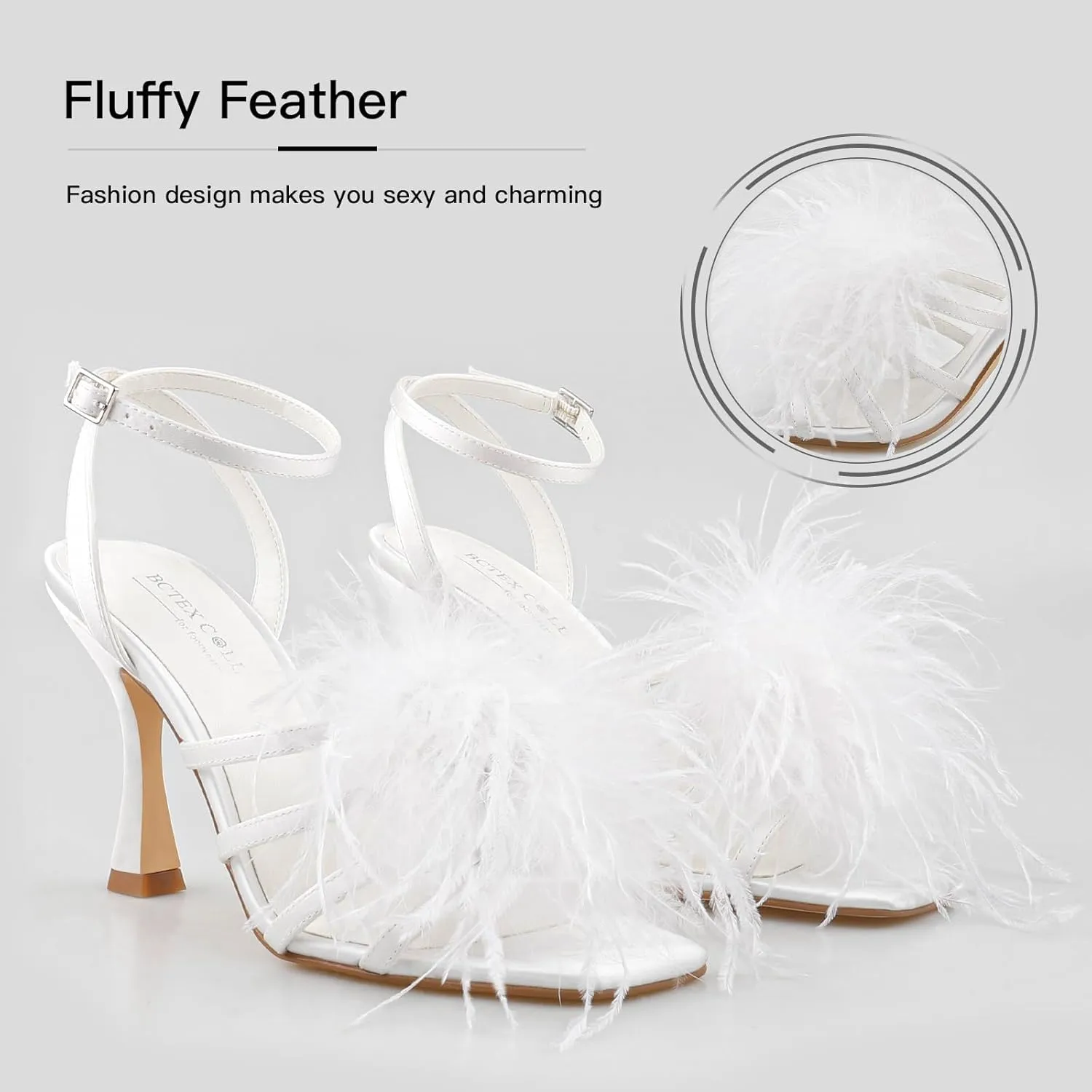 BCTEX COLL Women's Heeled Sandals Fluffy Feather Square Open Toe Ankle Strap Sexy Stiletto High Heels for Wedding Party Dance Evening