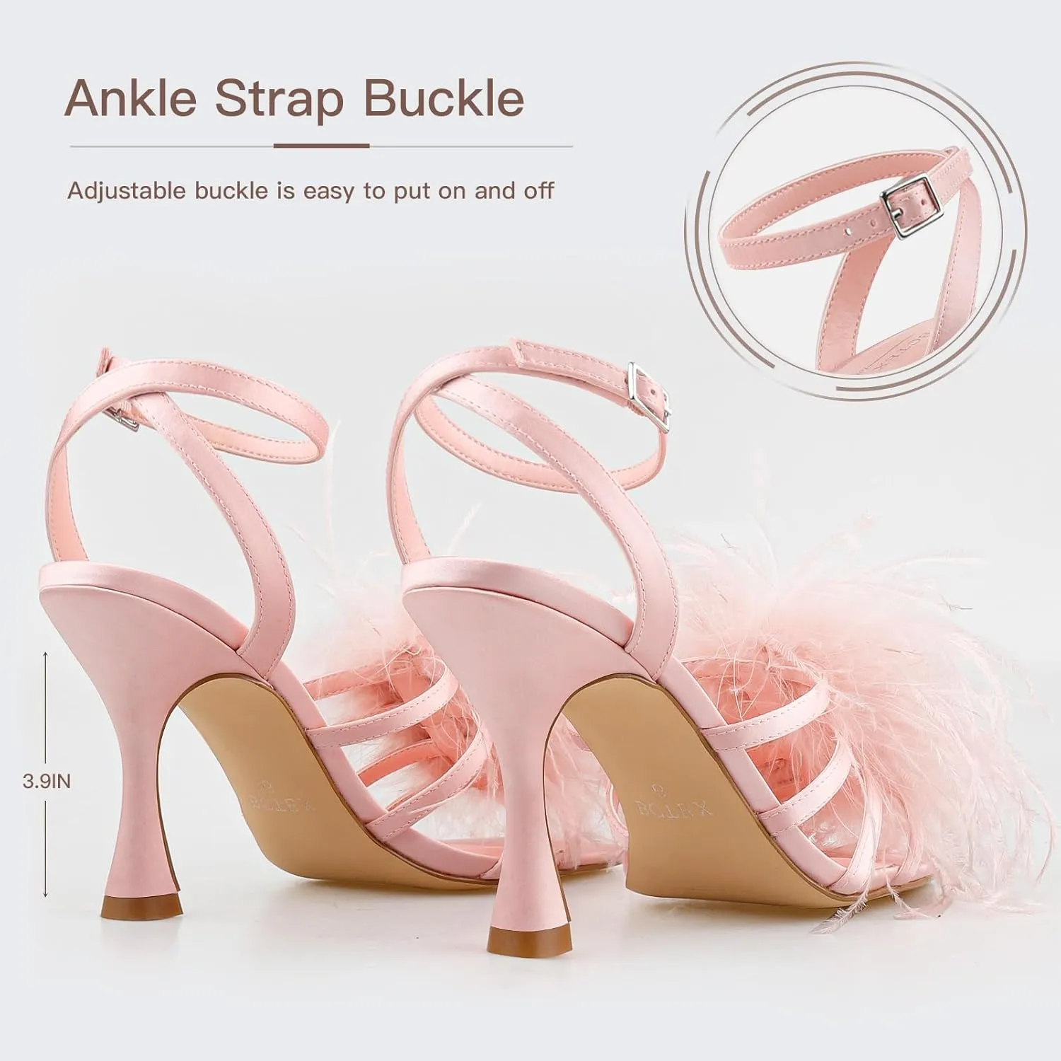 BCTEX COLL Women's Heeled Sandals Fluffy Feather Square Open Toe Ankle Strap Sexy Stiletto High Heels for Wedding Party Dance Evening