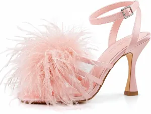BCTEX COLL Women's Heeled Sandals Fluffy Feather Square Open Toe Ankle Strap Sexy Stiletto High Heels for Wedding Party Dance Evening