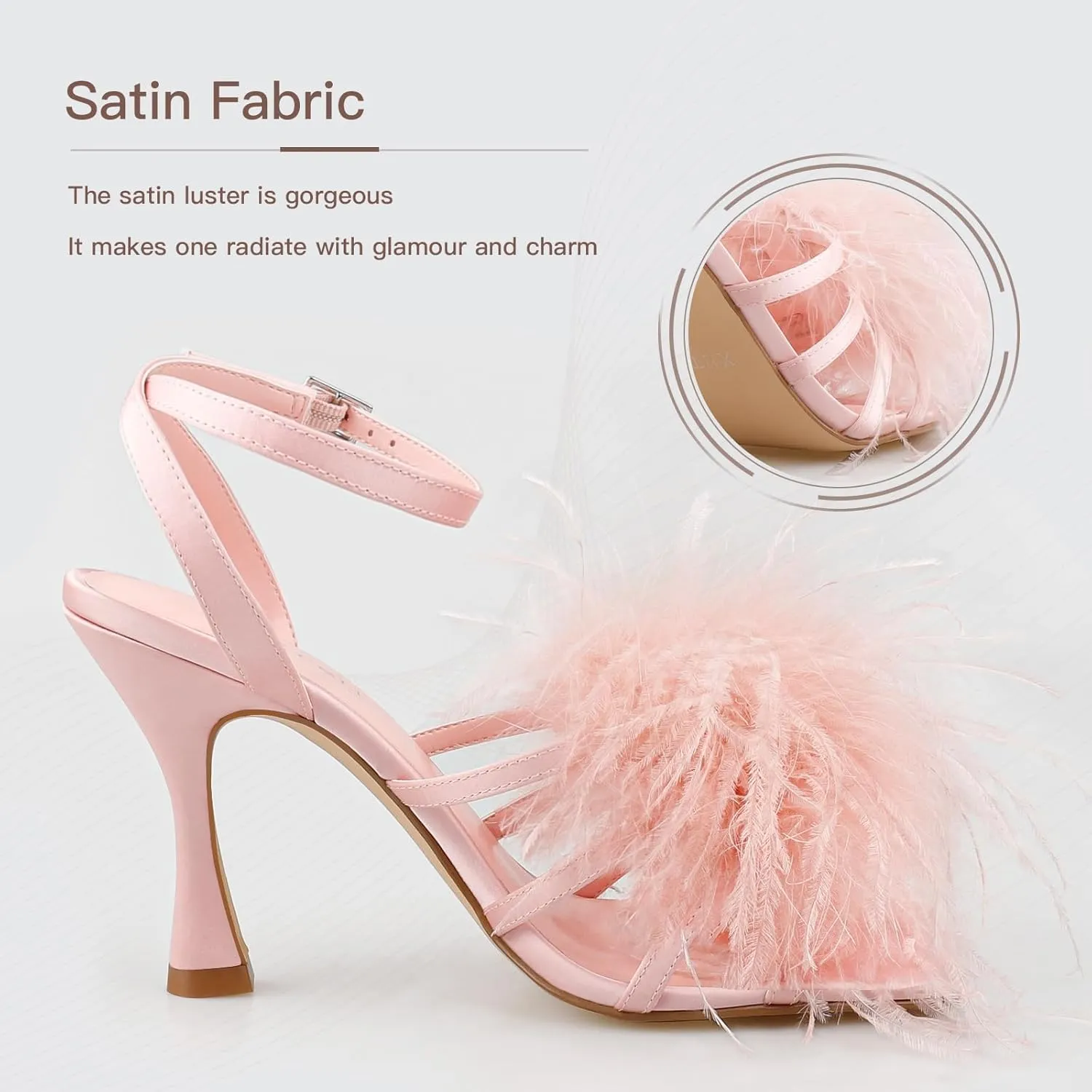 BCTEX COLL Women's Heeled Sandals Fluffy Feather Square Open Toe Ankle Strap Sexy Stiletto High Heels for Wedding Party Dance Evening