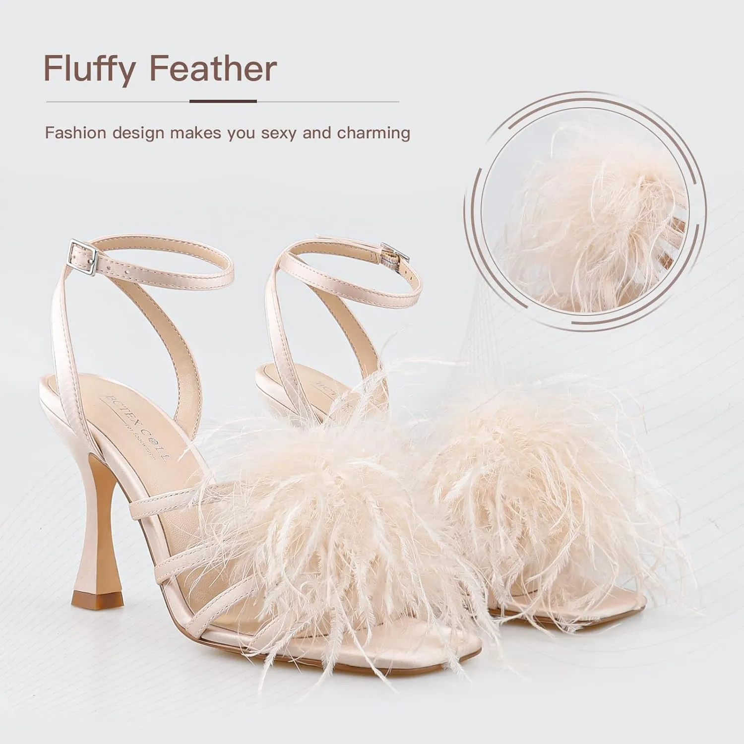 BCTEX COLL Women's Heeled Sandals Fluffy Feather Square Open Toe Ankle Strap Sexy Stiletto High Heels for Wedding Party Dance Evening