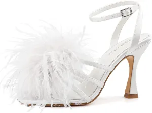 BCTEX COLL Women's Heeled Sandals Fluffy Feather Square Open Toe Ankle Strap Sexy Stiletto High Heels for Wedding Party Dance Evening