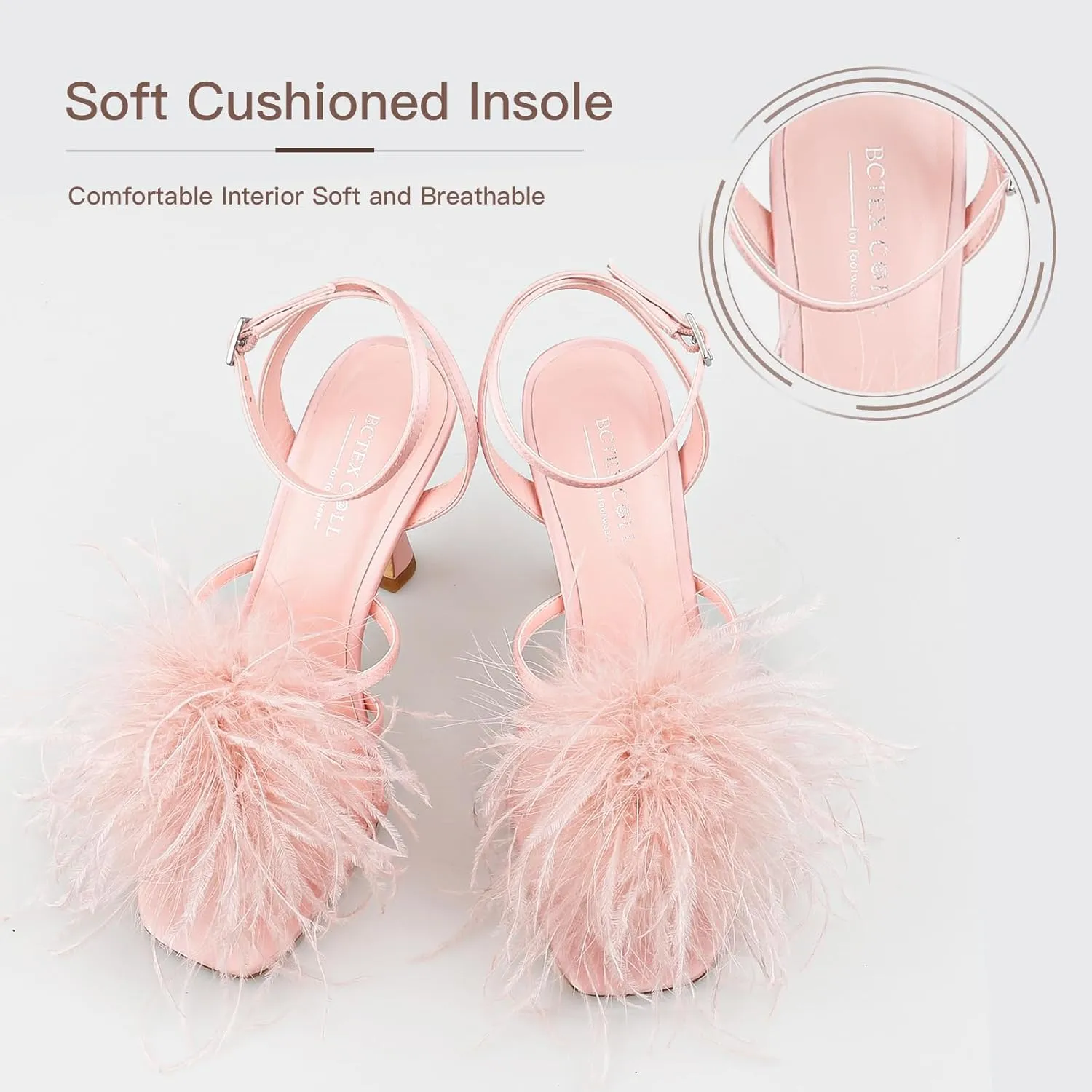 BCTEX COLL Women's Heeled Sandals Fluffy Feather Square Open Toe Ankle Strap Sexy Stiletto High Heels for Wedding Party Dance Evening