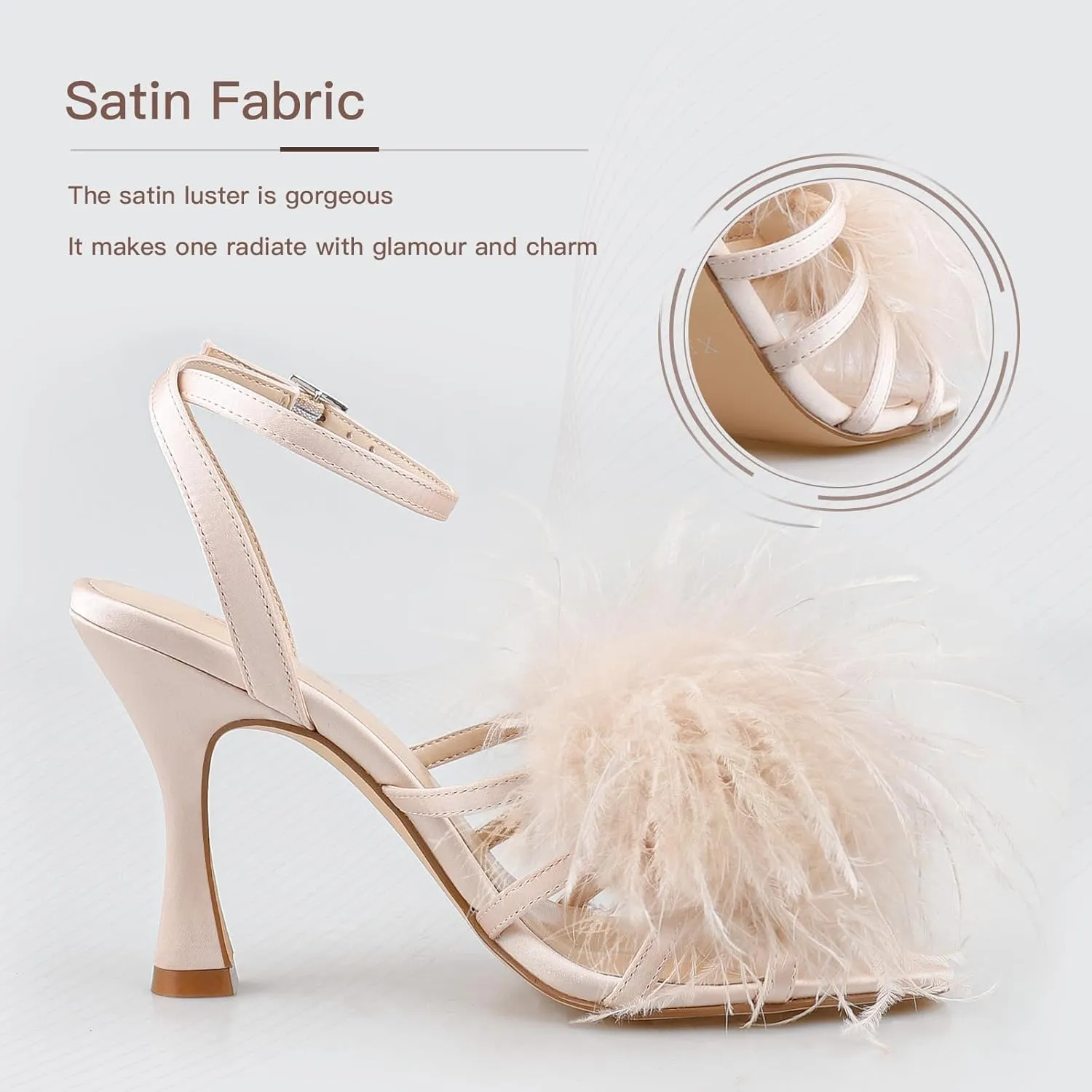 BCTEX COLL Women's Heeled Sandals Fluffy Feather Square Open Toe Ankle Strap Sexy Stiletto High Heels for Wedding Party Dance Evening
