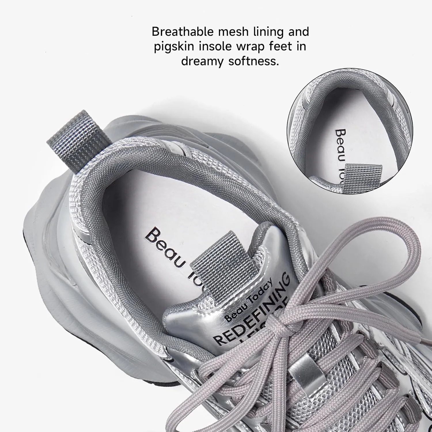 BEAU TODAY Womens Chunky Sneakers,Fashion Sneakers for Women,Lace-up Air Mesh Chunky Walking Tennis Shoes Treny Dad Sneakers