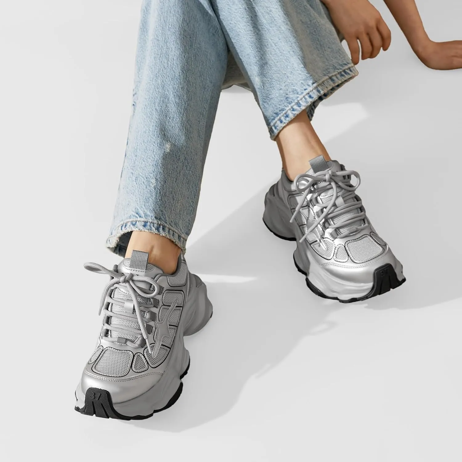 BEAU TODAY Womens Chunky Sneakers,Fashion Sneakers for Women,Lace-up Air Mesh Chunky Walking Tennis Shoes Treny Dad Sneakers