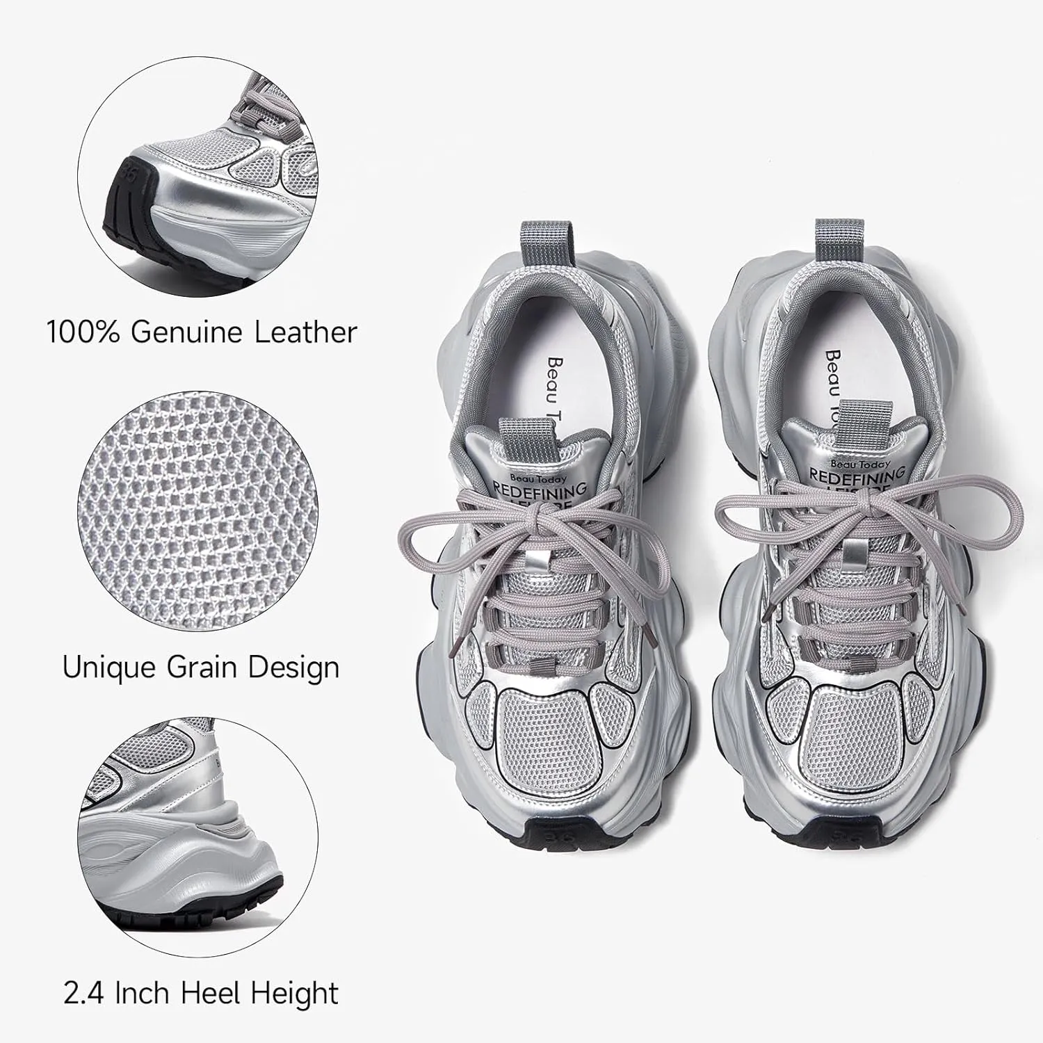 BEAU TODAY Womens Chunky Sneakers,Fashion Sneakers for Women,Lace-up Air Mesh Chunky Walking Tennis Shoes Treny Dad Sneakers