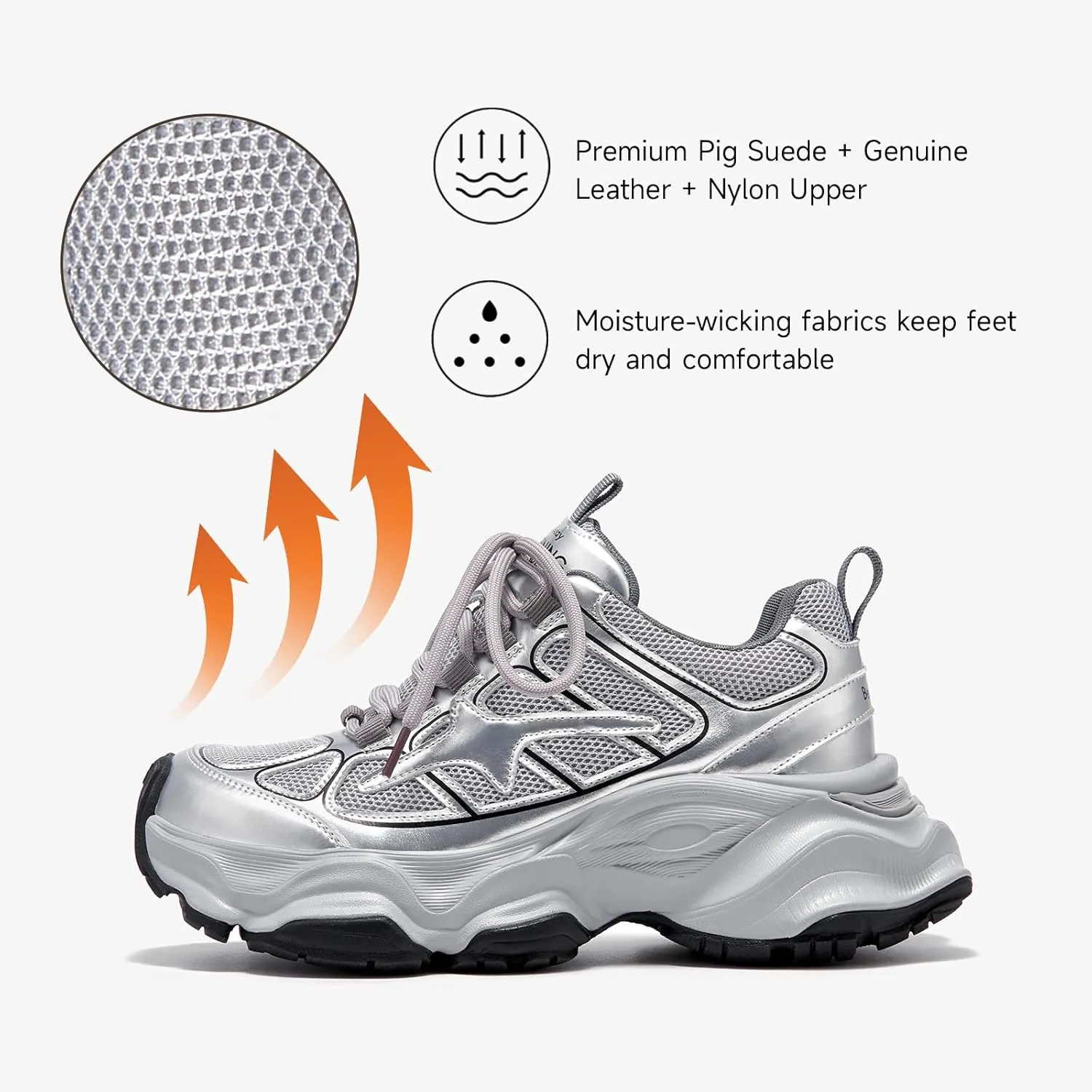 BEAU TODAY Womens Chunky Sneakers,Fashion Sneakers for Women,Lace-up Air Mesh Chunky Walking Tennis Shoes Treny Dad Sneakers